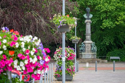 Im Vordergrund ist ein Blumenkübel vor dem im Hintergrund liegenden Paradeplatz zu sehen.